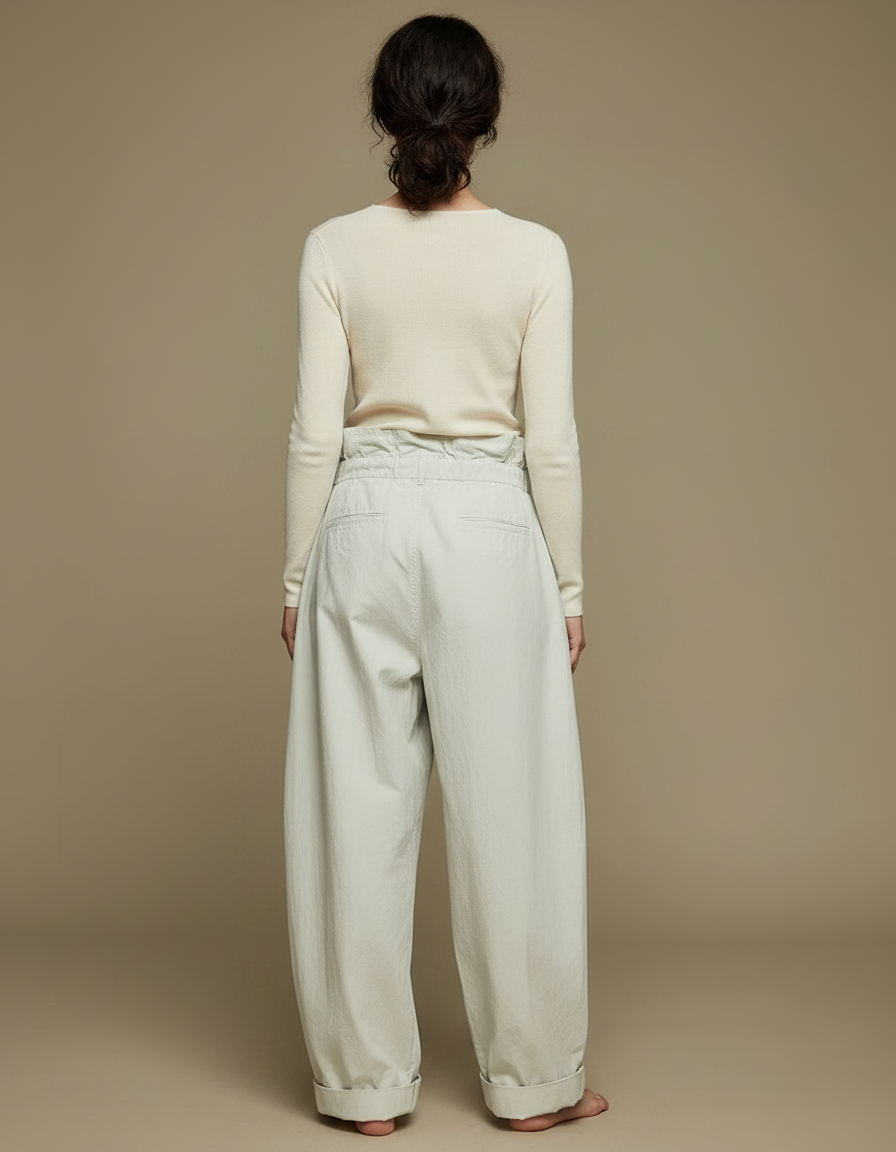 Pantalon Fluide Écru Ample Coton Taille Haute Élégant - Gris - vue 2