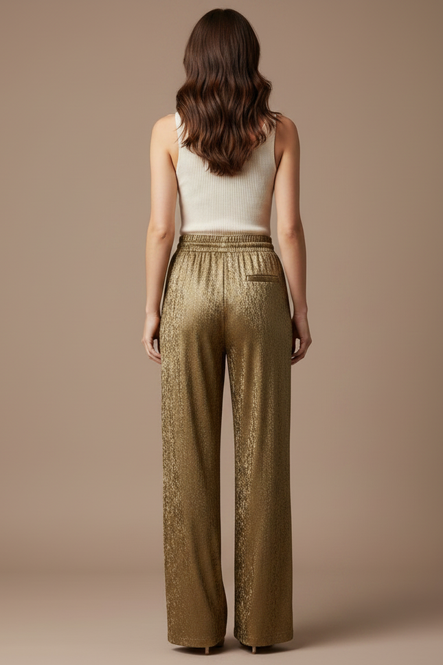 Pantalon Fluide Doré Éclatant Ample Taille Haute - Velours - vue 2