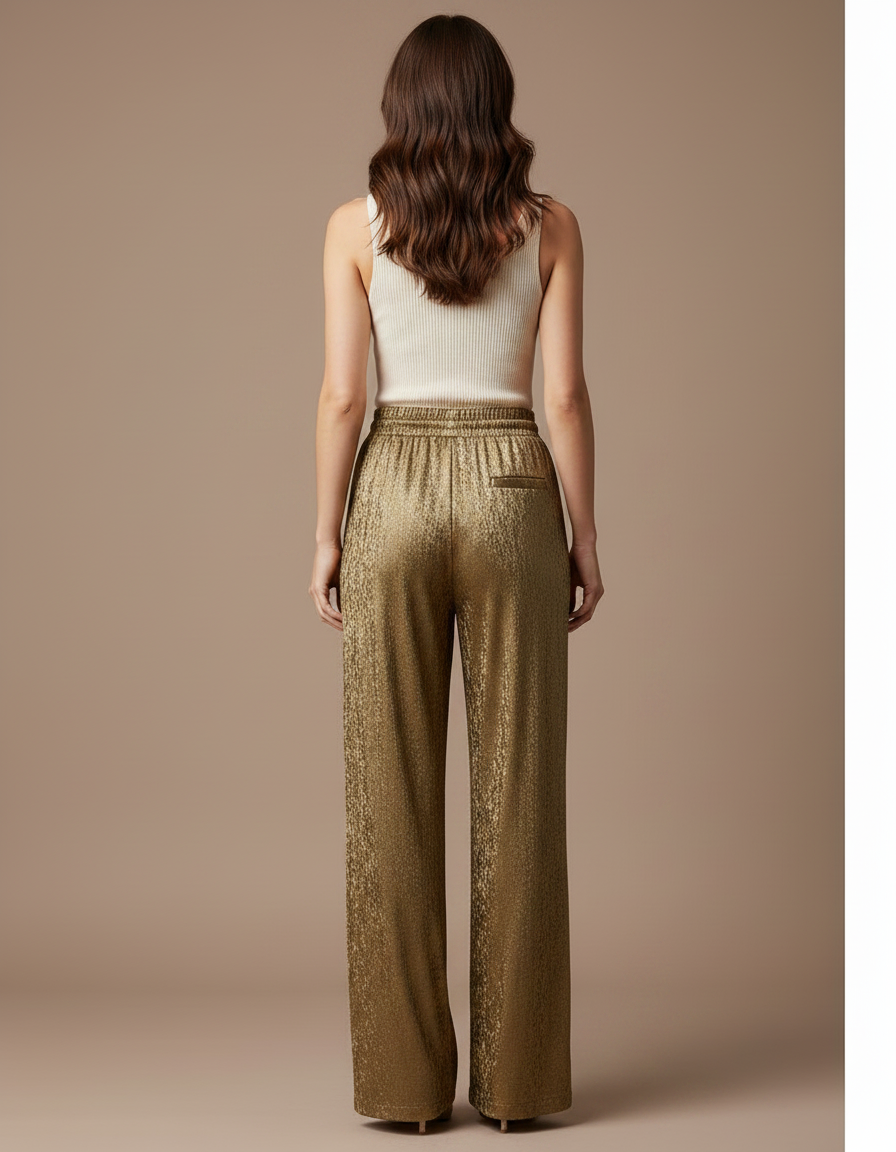 Pantalon Fluide Doré Éclatant Ample Taille Haute - Velours - vue 2