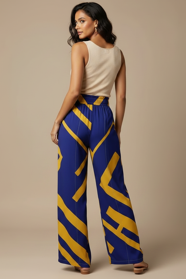Pantalon Fluide Imprimé Géométrique Bleu Jaune Ample Décontracté - Viscose - vue 2