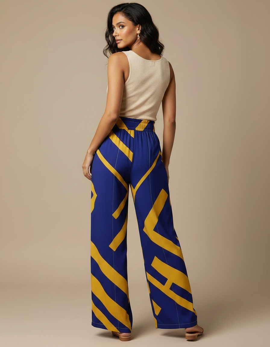 Pantalon Fluide Imprimé Géométrique Bleu Jaune Ample Décontracté - Viscose - vue 2