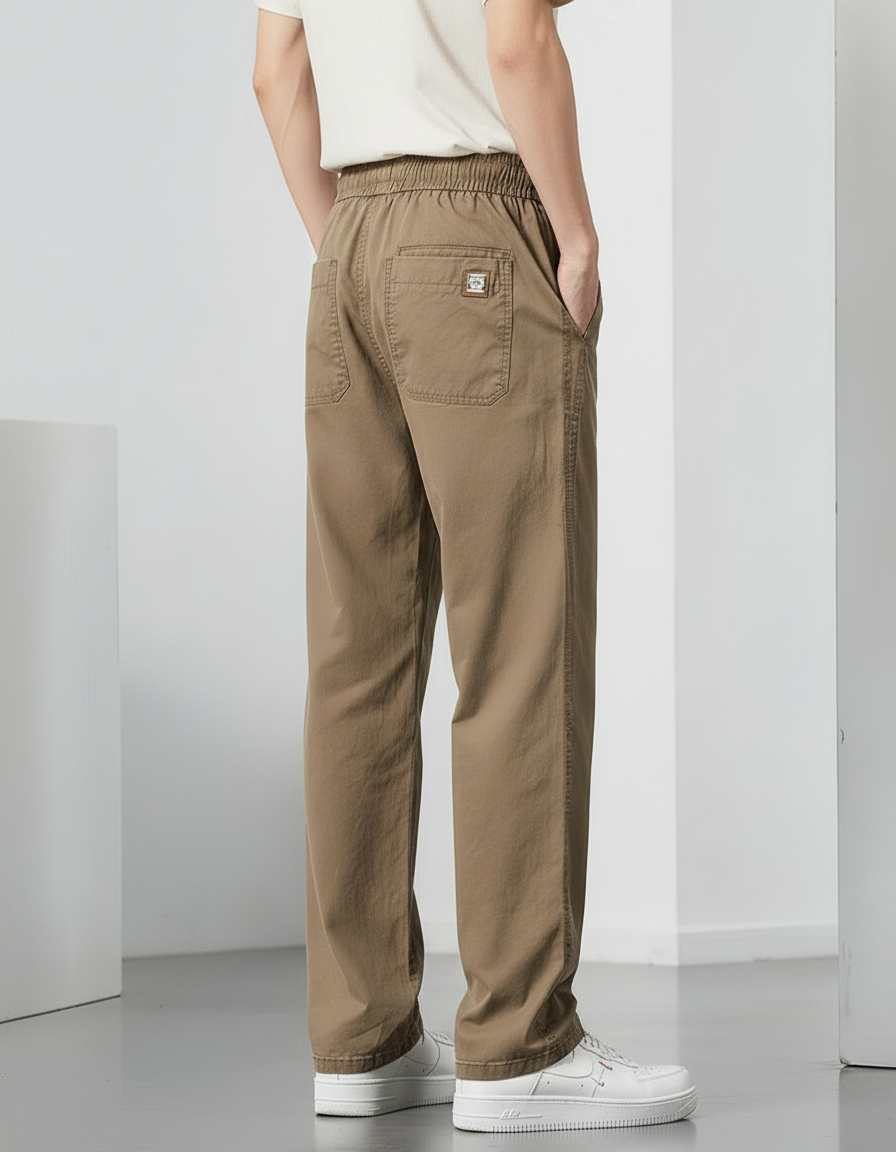 Pantalon Fluide Marron Droit Ample Décontracté Homme - Kaki Coton - vue 2