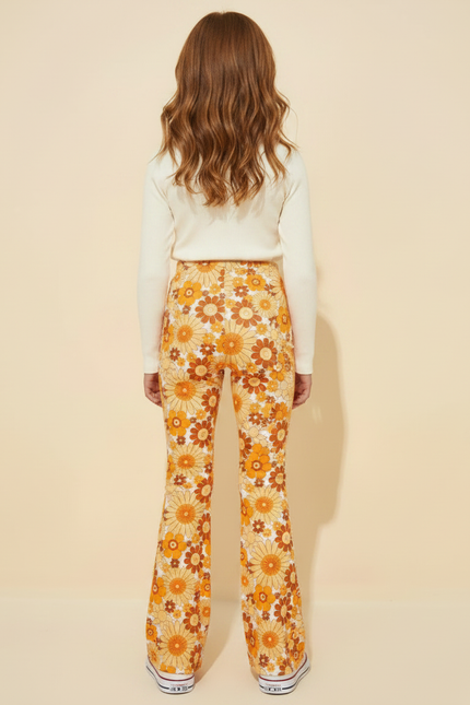 Pantalon Fluide Évasé Imprimé Floral Rétro Orange Confortable - Maille - vue 2