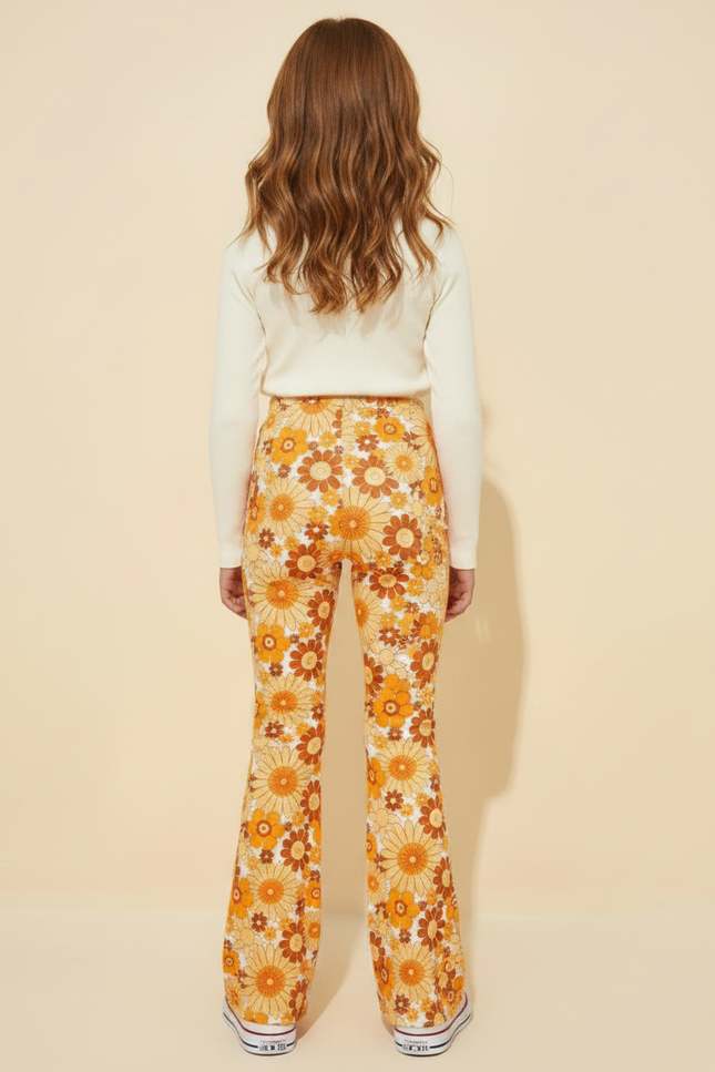 Pantalon Fluide Évasé Imprimé Floral Rétro Orange Confortable - Maille - vue 2