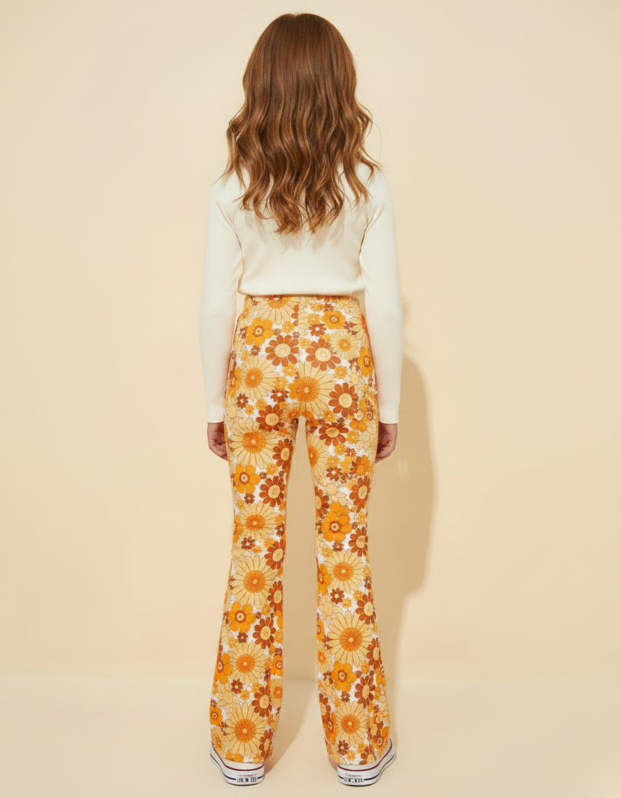 Pantalon Fluide Évasé Imprimé Floral Rétro Orange Confortable - Maille - vue 2