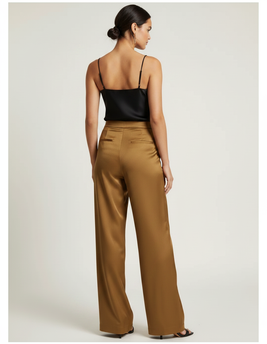 Pantalon Fluide Satin Beige - Doré - vue 2