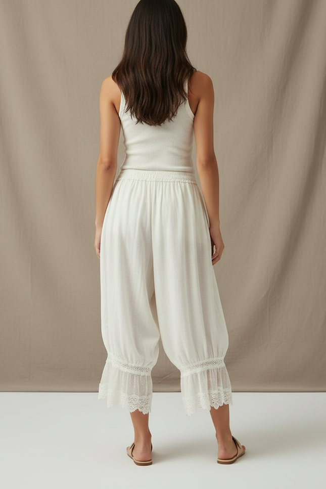 Pantalon Fluide Blanc Ample Dentelle Coton Bohème - vue 2