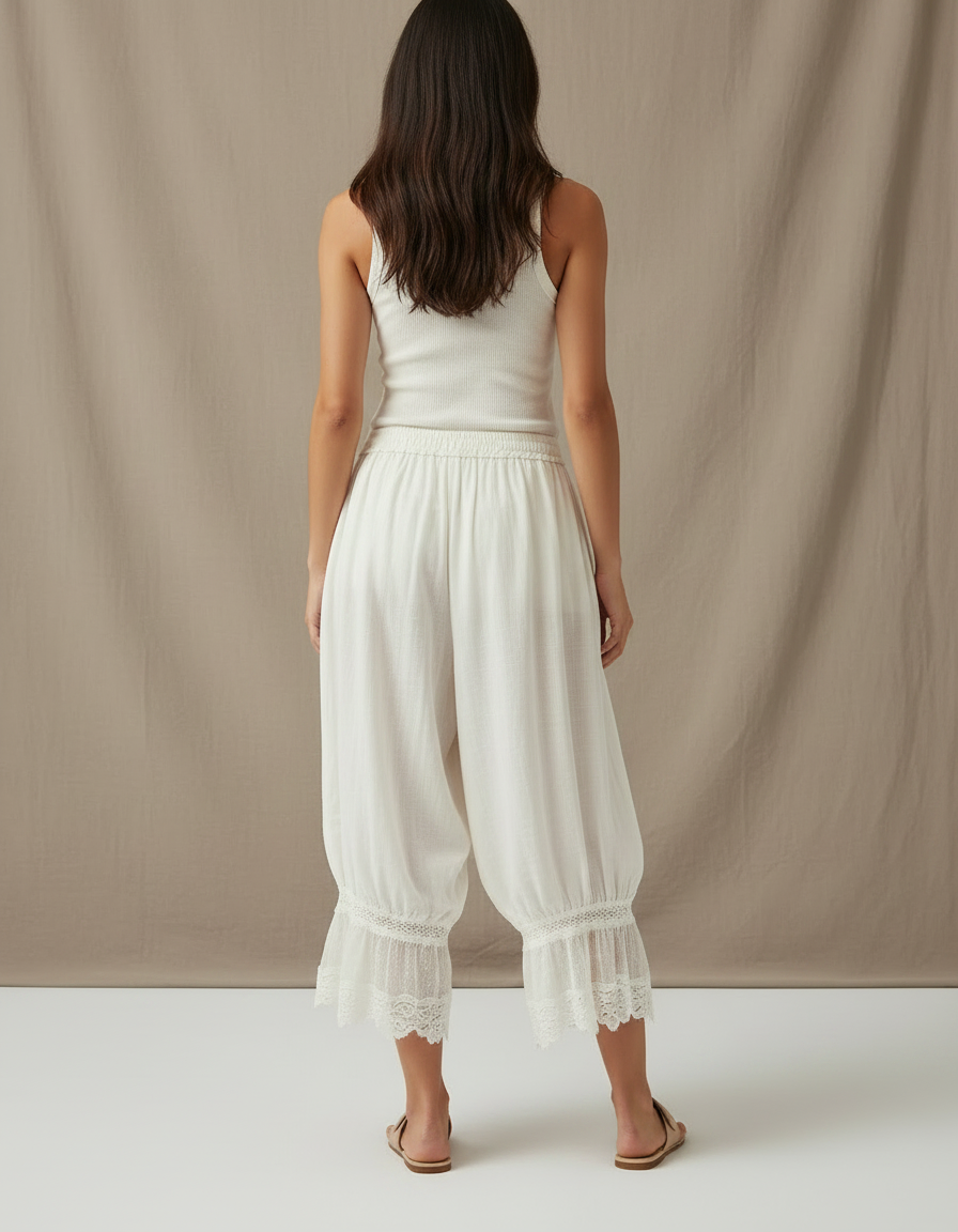 Pantalon Fluide Blanc Ample Dentelle Coton Bohème - vue 2