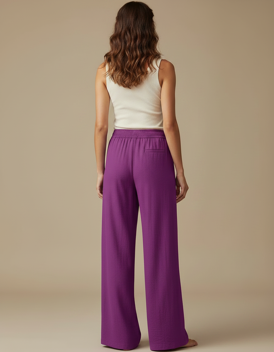Pantalon Fluide Violet Taille Haute Ample Léger Femme - Lin - vue 2