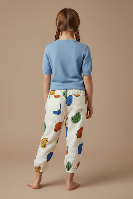 Pantalon Fluide Écru Rayé Imprimé Oursons Coton Ample - Multicolore - vue 2