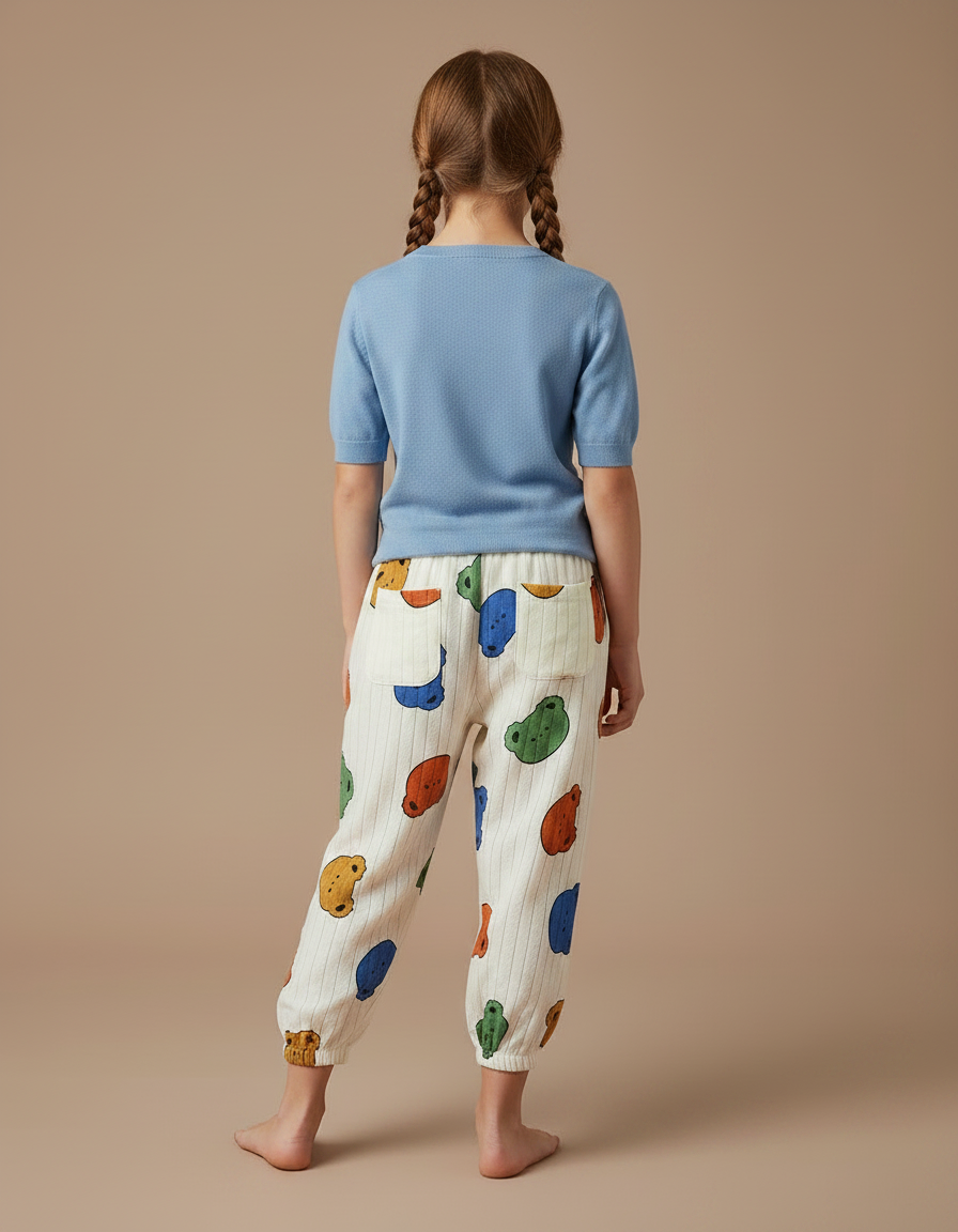 Pantalon Fluide Écru Rayé Imprimé Oursons Coton Ample - Multicolore - vue 2