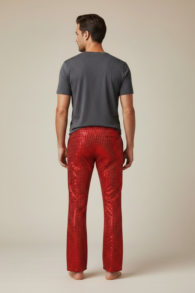 Pantalon Fluide Rouge Paillettes Évasé Disco Homme - Polyester - vue 2