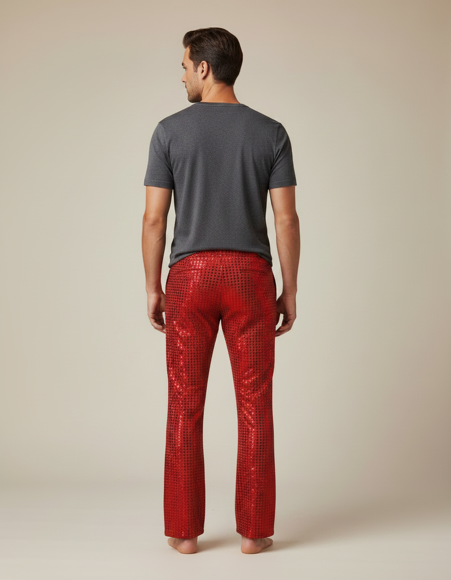 Pantalon Fluide Rouge Paillettes Évasé Disco Homme - Polyester - vue 2