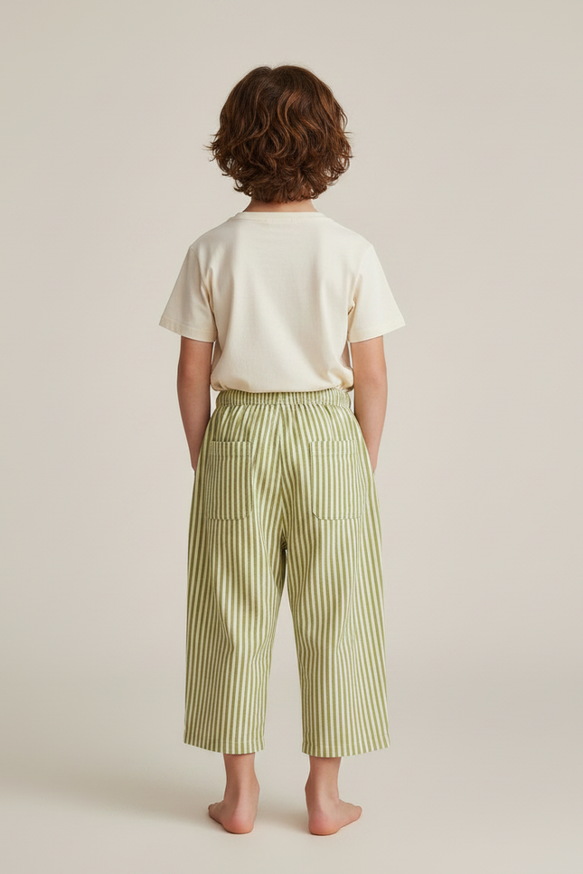 Pantalon Fluide Rayé Vert Ample Coton Enfant Décontracté - vue 2