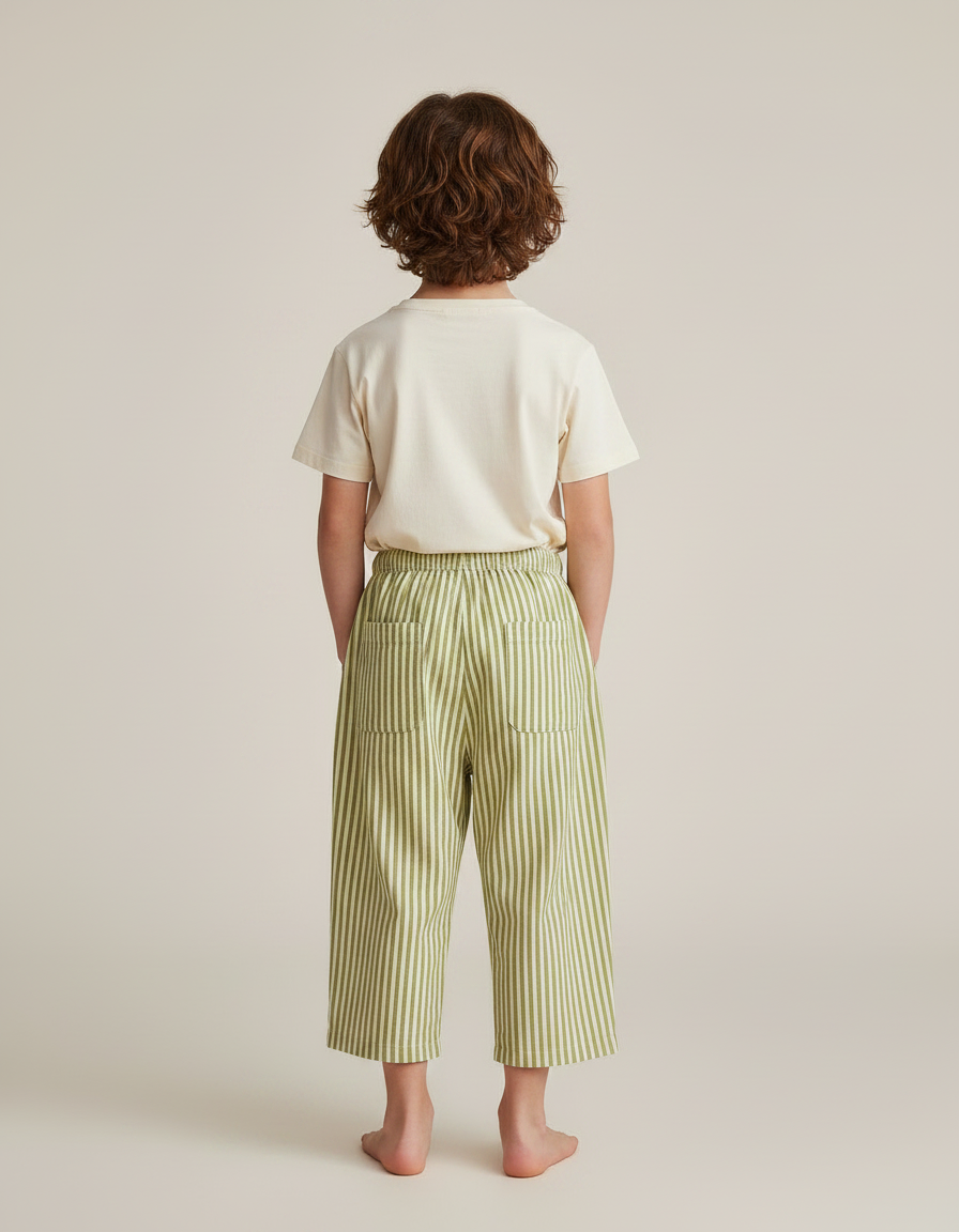 Pantalon Fluide Rayé Vert Ample Coton Enfant Décontracté - vue 2