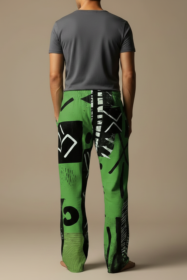 Pantalon Fluide Vert Imprimé Abstrait Décontracté Ample Homme - Viscose - vue 2