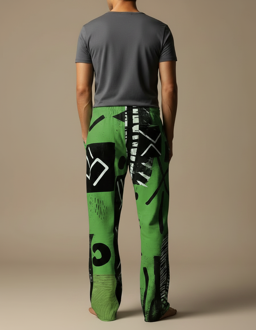 Pantalon Fluide Vert Imprimé Abstrait Décontracté Ample Homme - Viscose - vue 2