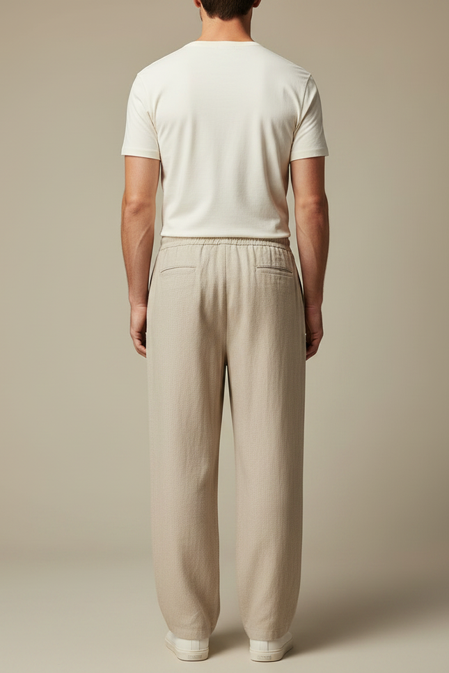 Pantalon Fluide Écru Ample Coton Lin Cordon Décontracté Homme - Beige - vue 2