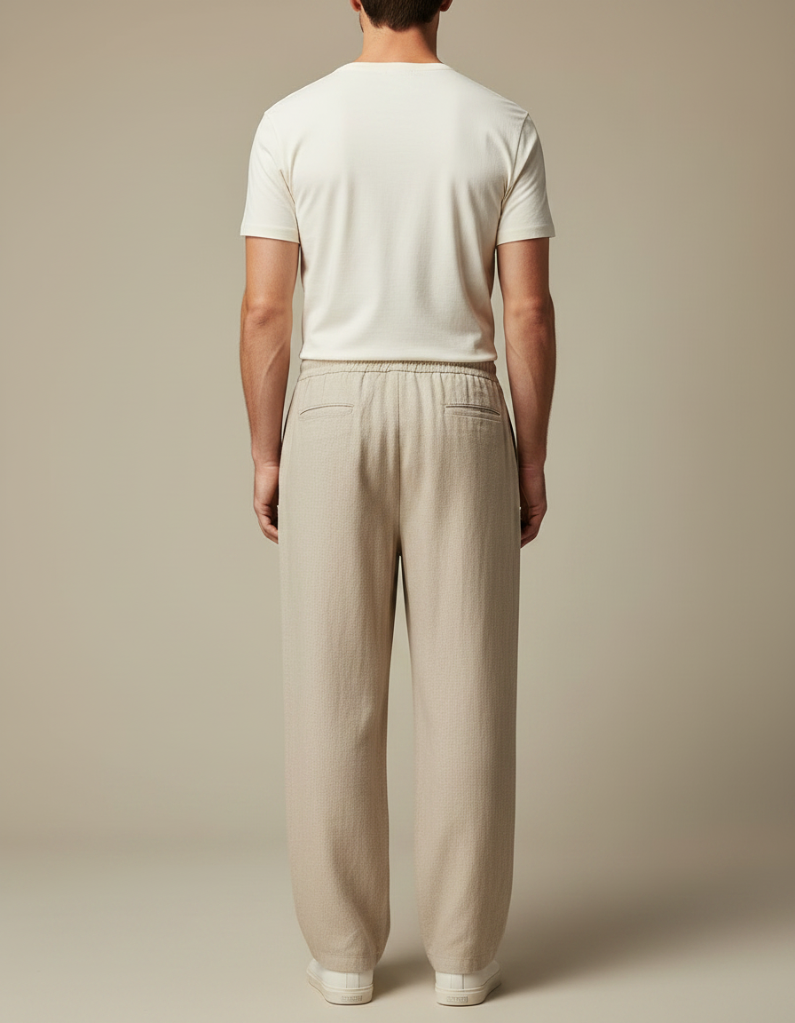 Pantalon Fluide Écru Ample Coton Lin Cordon Décontracté Homme - Beige - vue 2