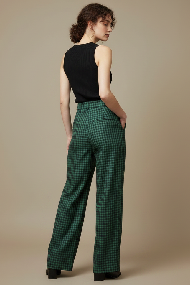 Pantalon Fluide Carreaux Vert Ample Taille Haute - Laine - vue 2