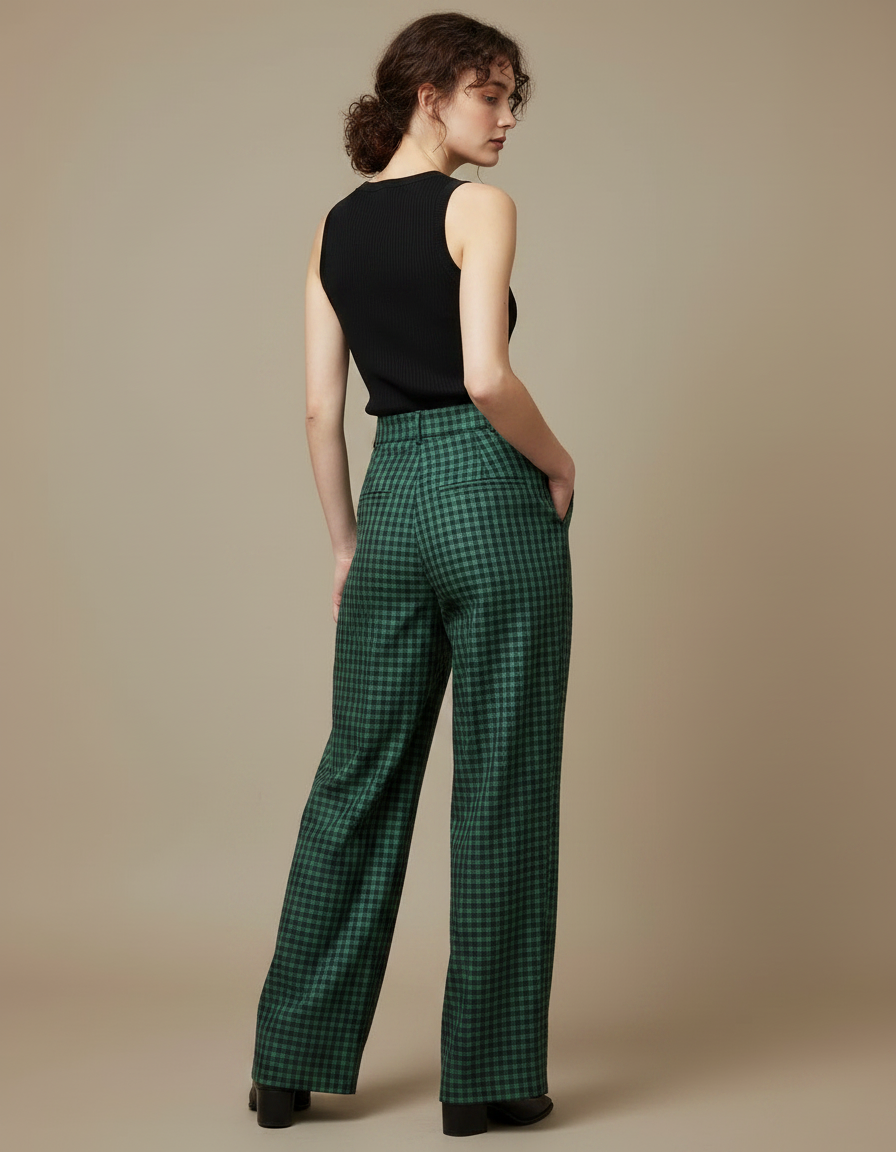 Pantalon Fluide Carreaux Vert Ample Taille Haute - Laine - vue 2