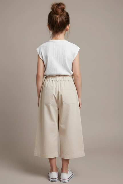 Pantalon Fluide Beige Plissé Ample Fille Décontracté - Toile - vue 2