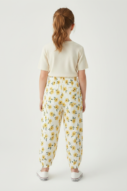 Pantalon Fluide Blanc Imprimé Tournesols Ample Muslin Enfant - Coton - vue 2