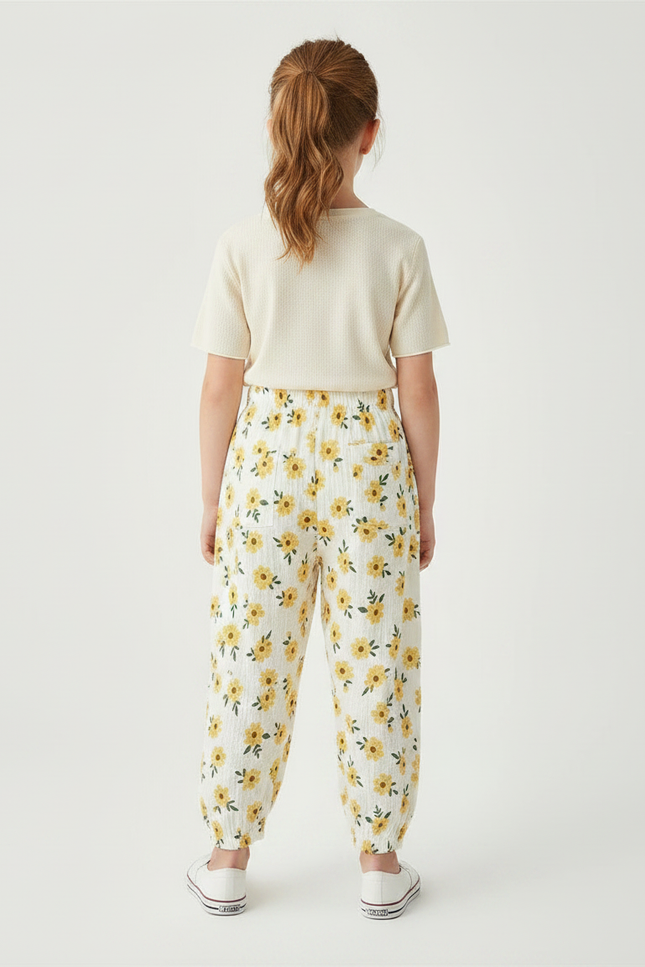 Pantalon Fluide Blanc Imprimé Tournesols Ample Muslin Enfant - Coton - vue 2