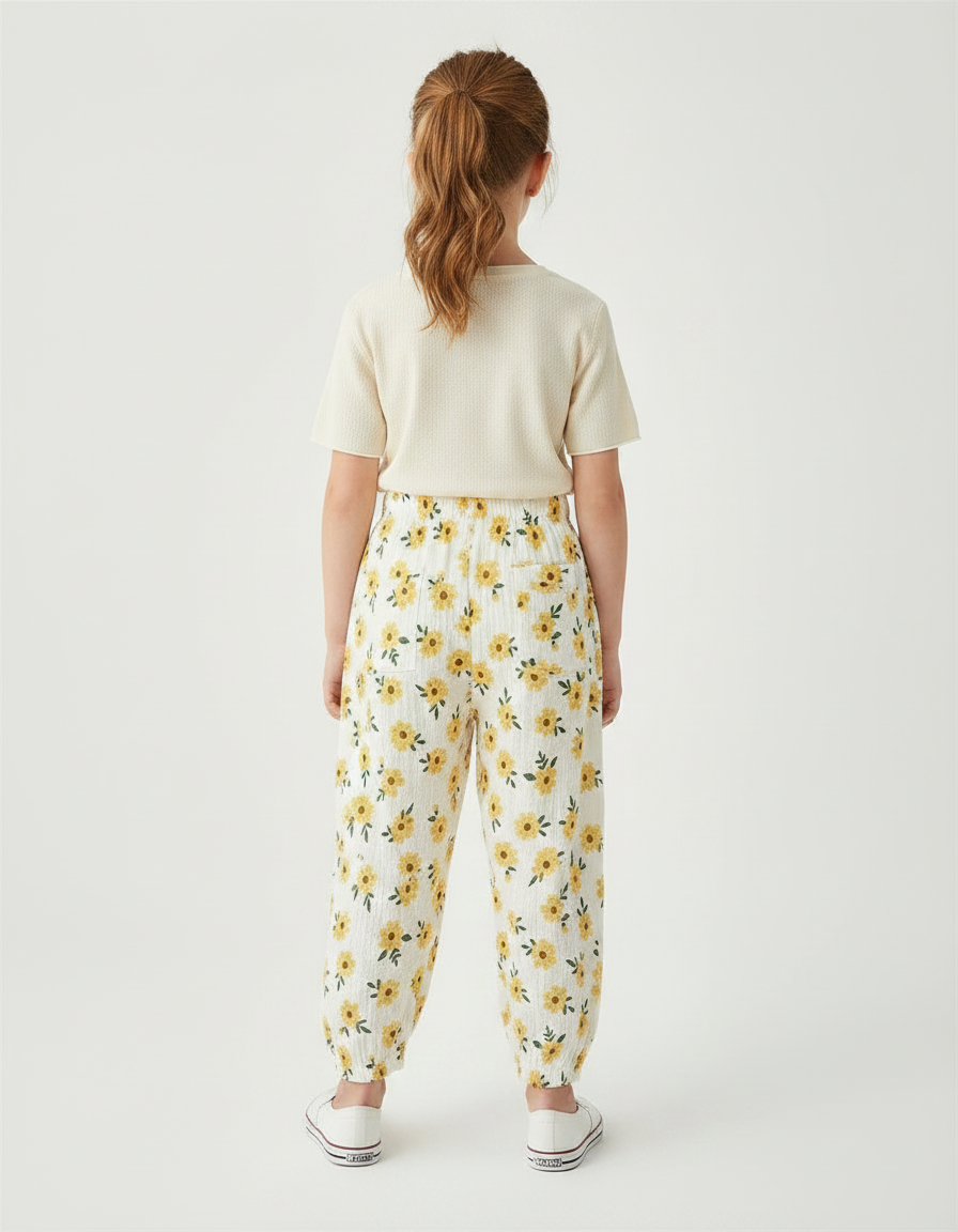 Pantalon Fluide Blanc Imprimé Tournesols Ample Muslin Enfant - Coton - vue 2