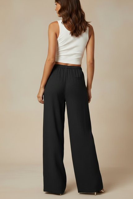 Pantalon Fluide Noir Ample Taille Haute Lin Décontracté - vue 2