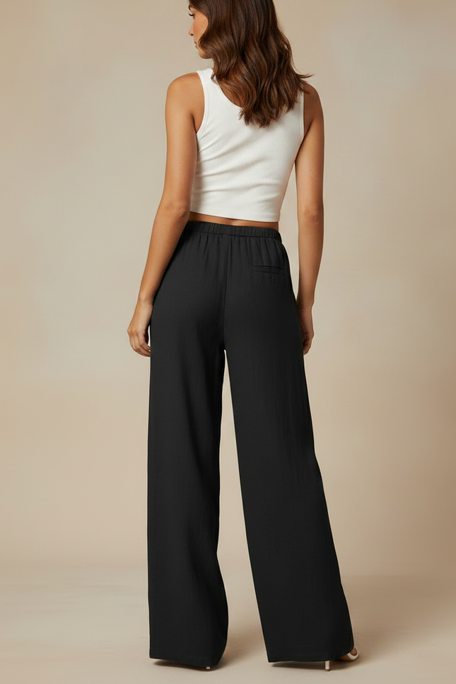 Pantalon Fluide Noir Ample Taille Haute Lin Décontracté - vue 2