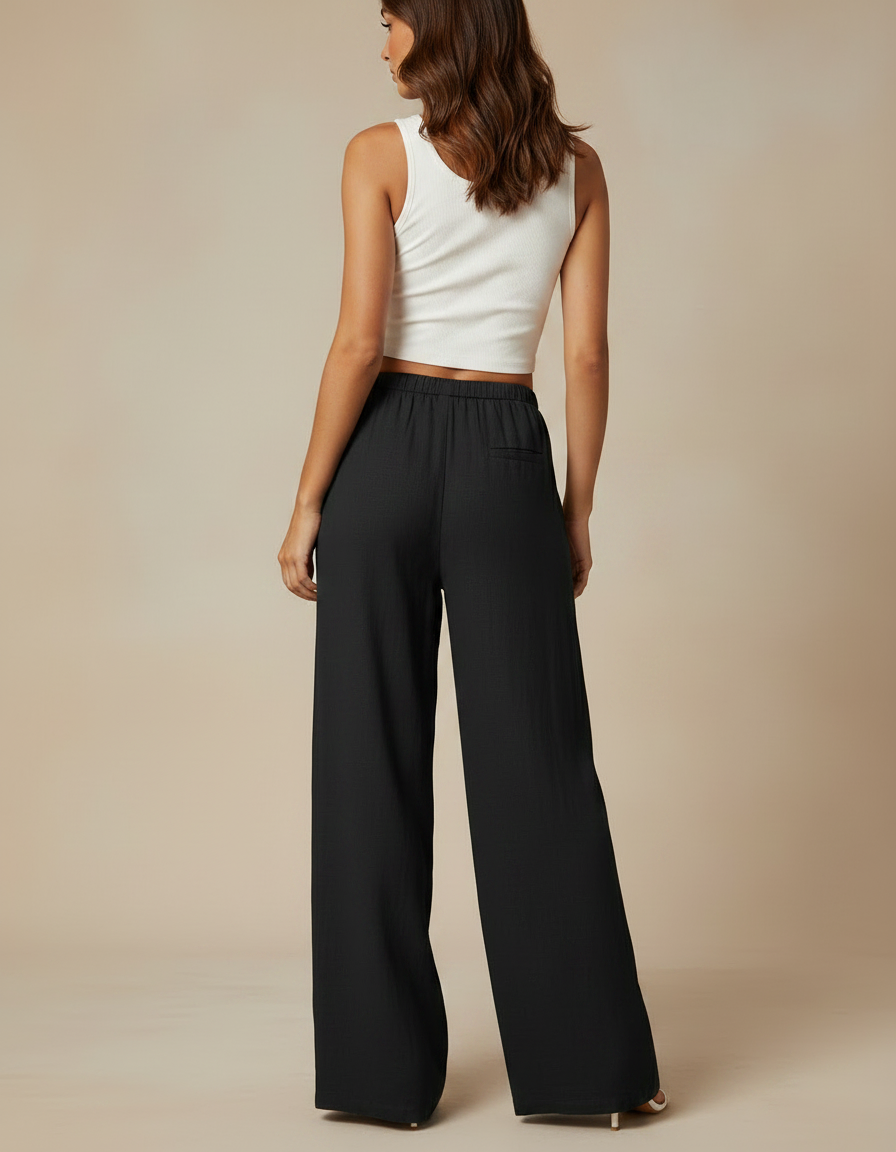 Pantalon Fluide Noir Ample Taille Haute Lin Décontracté - vue 2
