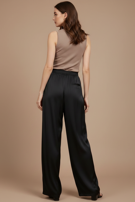 Pantalon Fluide Noir Ample Satiné Taille Haute Élégant - vue 2