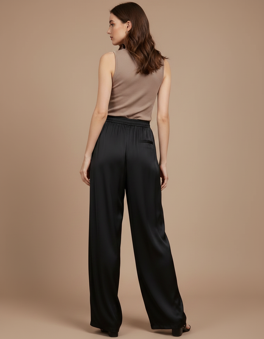 Pantalon Fluide Noir Ample Satiné Taille Haute Élégant - vue 2