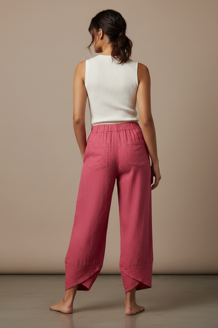 Pantalon Fluide Rose Lin Ample Décontracté Estival - vue 2