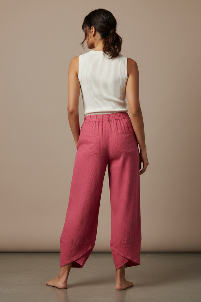 Pantalon Fluide Rose Lin Ample Décontracté Estival - vue 2