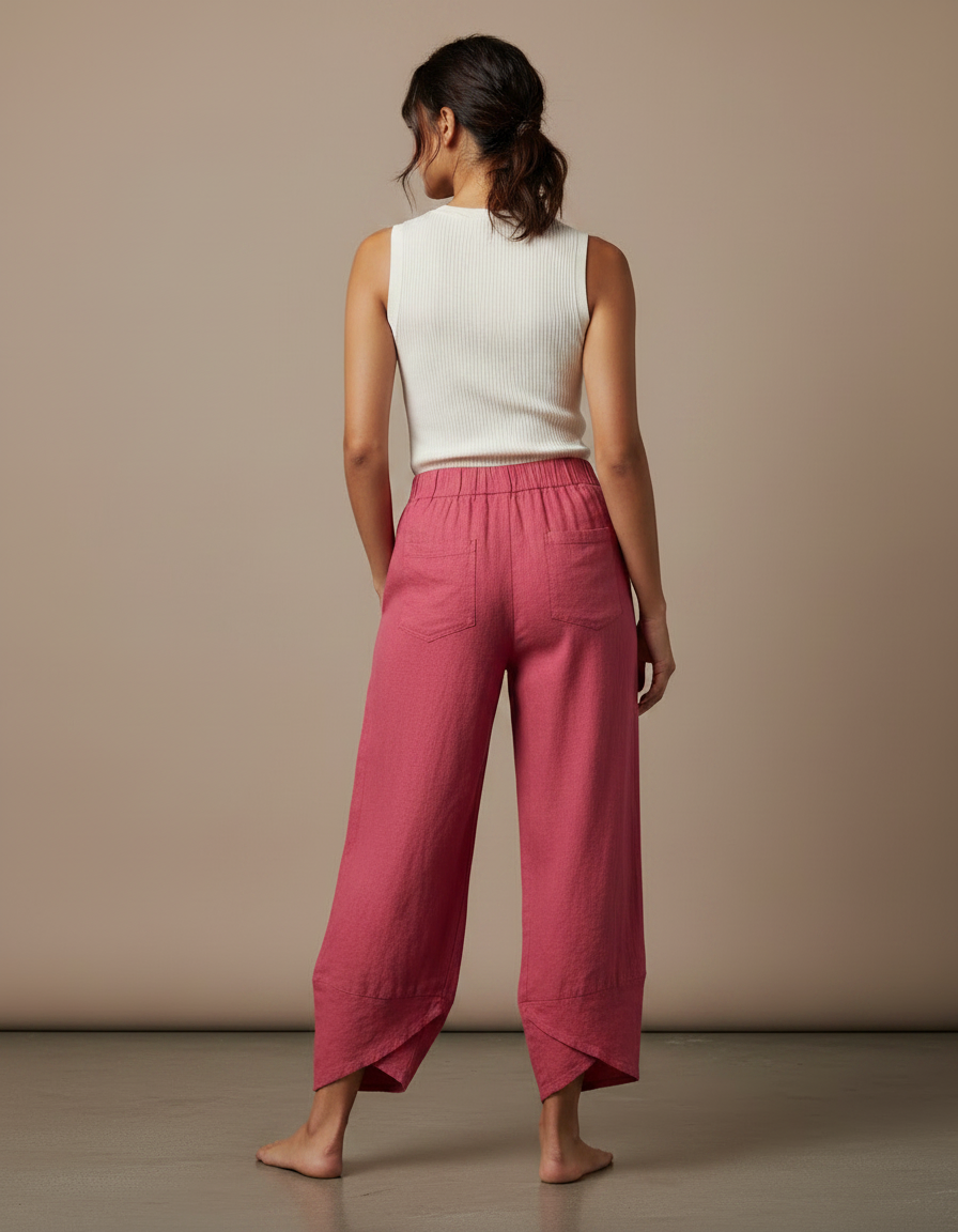 Pantalon Fluide Rose Lin Ample Décontracté Estival - vue 2