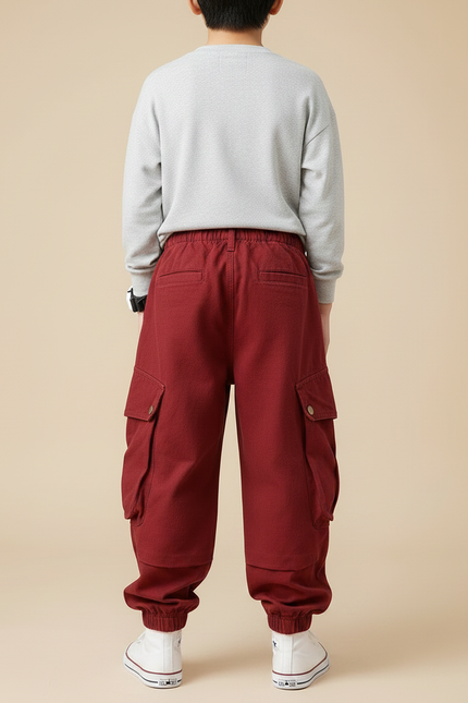 Pantalon Fluide Rouge Cargo Coton Ample Enfant - Bordeaux - vue 2