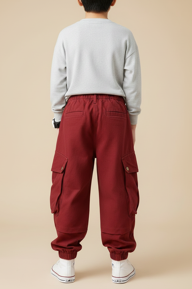Pantalon Fluide Rouge Cargo Coton Ample Enfant - Bordeaux - vue 2