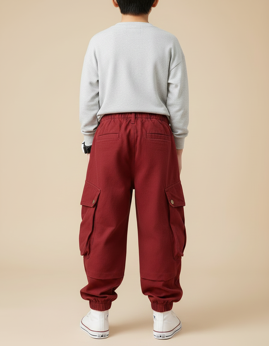Pantalon Fluide Rouge Cargo Coton Ample Enfant - Bordeaux - vue 2