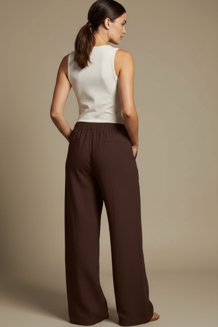 Pantalon Fluide Marron Ample Lin Coton Femme - vue 2