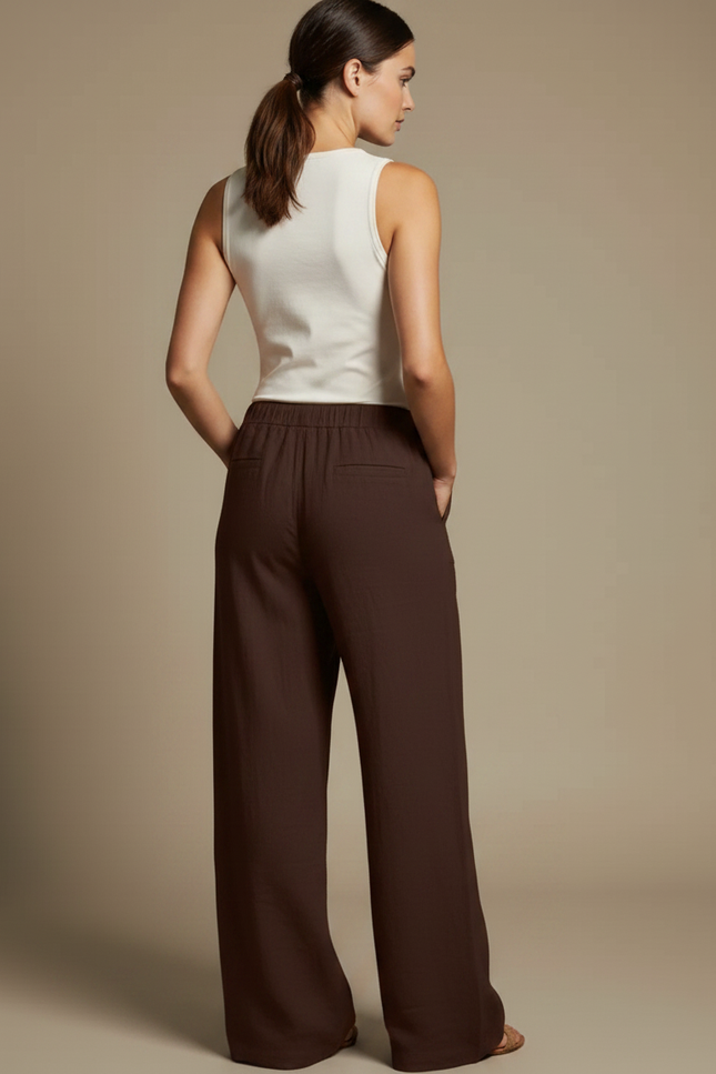 Pantalon Fluide Marron Ample Lin Coton Femme - vue 2