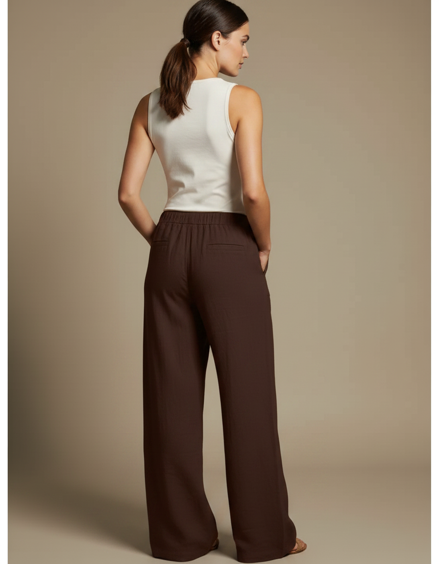 Pantalon Fluide Marron Ample Lin Coton Femme - vue 2