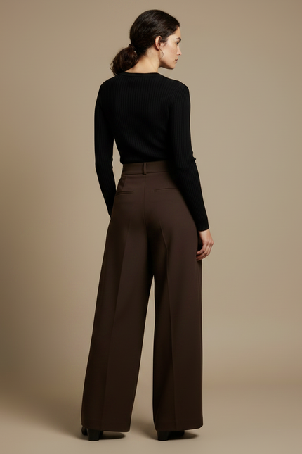 Pantalon Fluide Marron Plissé Ample Chic Femme - Gabardine - vue 2