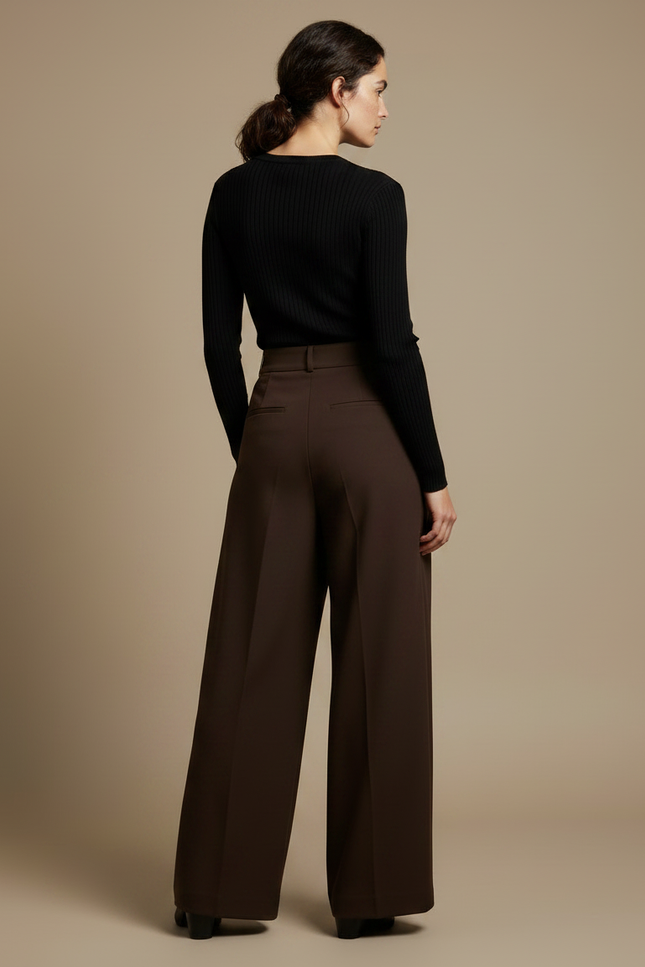 Pantalon Fluide Marron Plissé Ample Chic Femme - Gabardine - vue 2