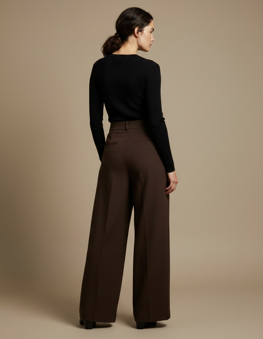 Pantalon Fluide Marron Plissé Ample Chic Femme - Gabardine - vue 2