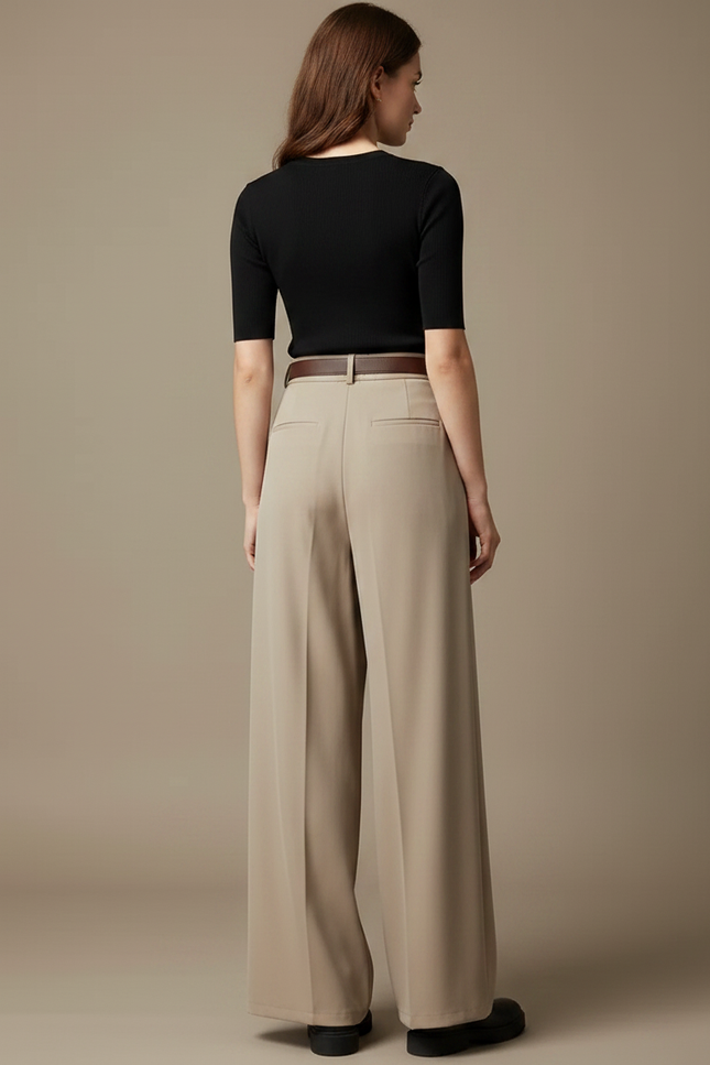 Pantalon Fluide Beige Plissé Ample Taille Haute Femme - Polyester - vue 2