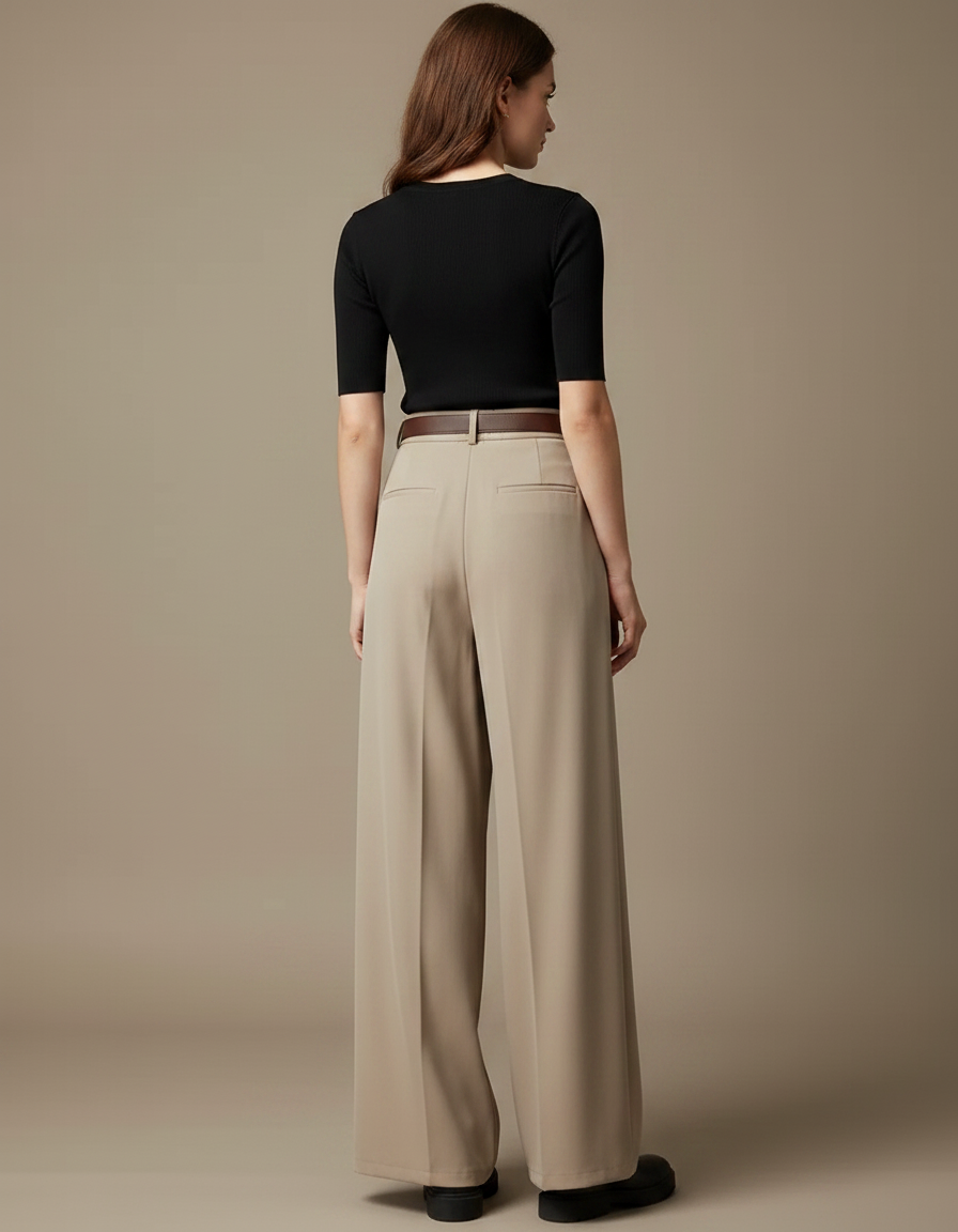 Pantalon Fluide Beige Plissé Ample Taille Haute Femme - Polyester - vue 2