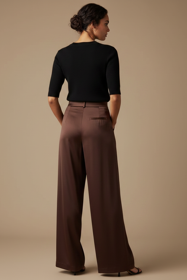 Pantalon Fluide Marron Satiné Ample Élégant Femme - vue 2