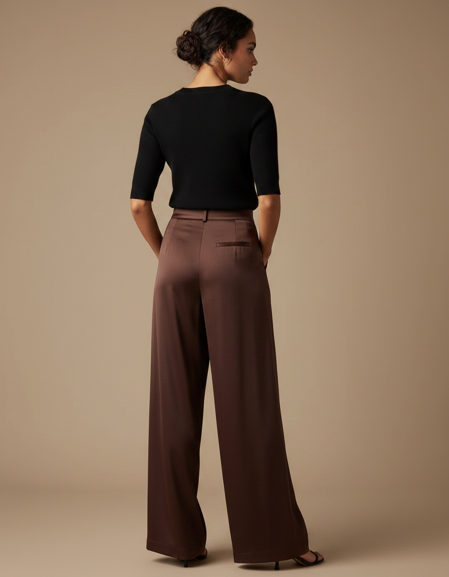 Pantalon Fluide Marron Satiné Ample Élégant Femme - vue 2